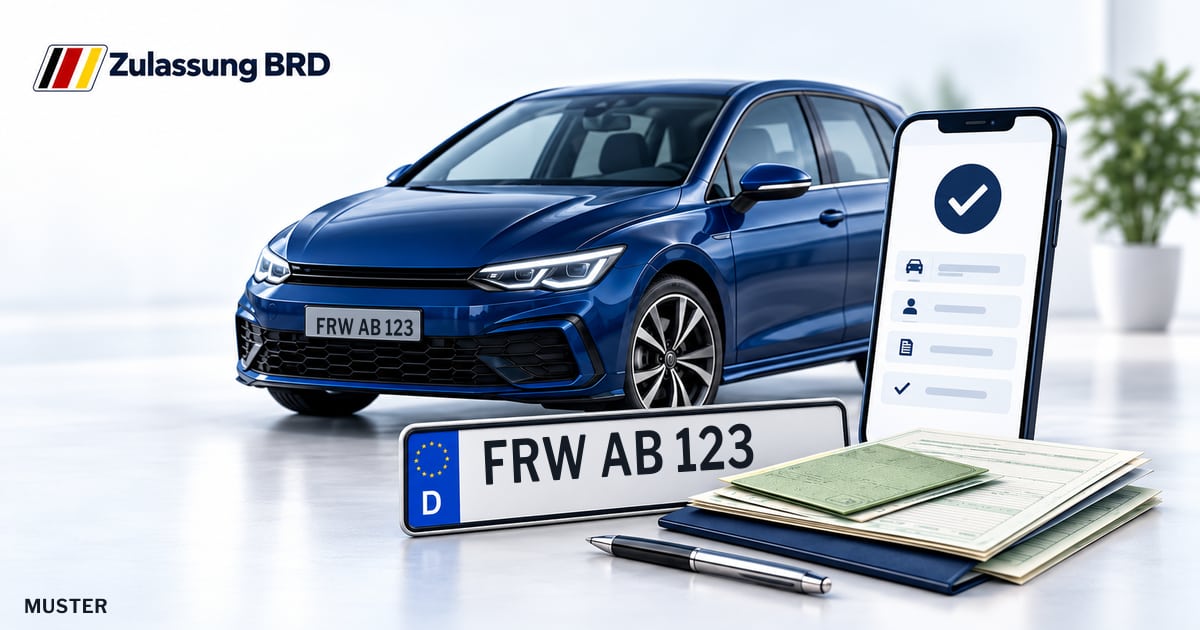 Online Fahrzeugzulassung in Bad Freienwalde (Oder): Musterkennzeichen FRW AB 123, Auto und Fahrzeugpapiere und Smartphone. Illustration mit Logo von Zulassung BRD.